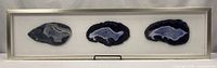 full view of framed piece showing three agate slabs