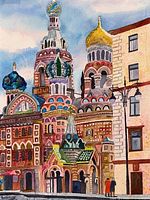 Close-up of watercolor print showing cathedral details