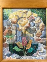 Close view of painting within frame showing fountain, foliage, fish