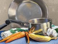 Close-up of pastel showing cookware and vegetables