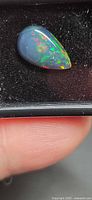 Pear-shaped Ethiopian black opal showing multicolour play-of-colour in display case