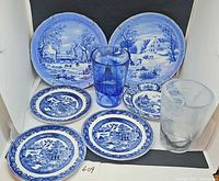 Full lot showing 2 large scenic plates, 4 small transferware plates, 2 tumblers