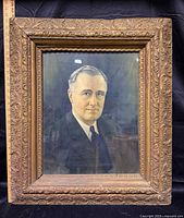 Full view of framed FDR portrait showing ornate wide frame and overall appearance