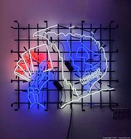 Front view of illuminated neon sign showing skull and playing cards design