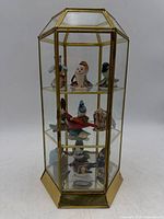 Full view of hexagonal glass case with bird figurines