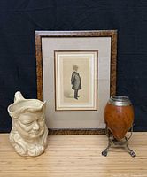 All three items together: Churchill jug, framed print, mate gourd on stand