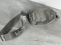 Front view of grey belt bag showing body and strap