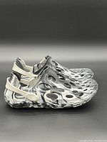 Left side view of both marbled Merrell Hydro Moc clogs