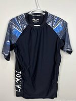 Front view of Lafroi athletic T-shirt showing logo and patterned sleeves
