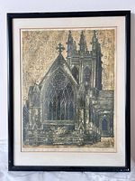 Full view of framed etching showing artwork, mat, and frame