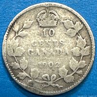 Reverse of 1902 Canadian 10-cent sterling silver coin showing crown, denomination, maple leaf wreath, and date.