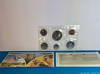 Front view of sealed plastic pack containing six 1984 Canadian coins with cards below