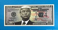 Obverse of novelty bill showing Trump portrait, serial DJT01202021, 2024 denomination