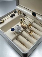 Overview of open jewellery box showing all eleven stick pins and box interior