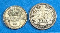 Obverse of both Swedish coins, 1919 shield 10 öre and 1880 25 öre