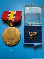 Medal reverse with shield and laurel wreath beside cased lapel pin