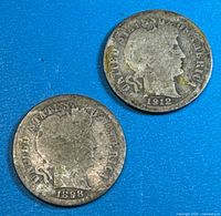 Both Barber dimes front (obverse) showing dates 1912 and 1898