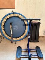Blue mini trampoline, boxed chinning bar, blue stepper glider, black slider base
