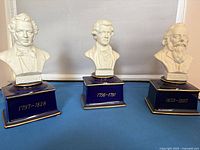 All three porcelain composer bust music boxes on blue bases