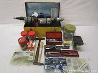 overall lot with drill, toolbox, hand tools, fasteners