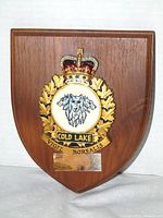 Front view of wooden shield plaque displaying full crest details