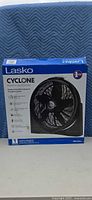 Front view of Lasko Cyclone fan retail box