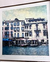 Close view of print showing Venice scene, edition number and signature