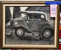 Framed sketch of antique car, full view