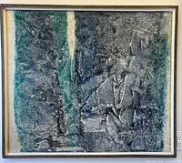 frontal view of textured abstract oil painting in frame