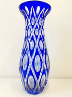 Full view of cobalt cut to clear vase showing shape and pattern