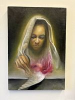 Full view of oil painting on canvas showing veiled woman and dove wing