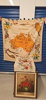 Overall lot with floral painting, map tapestry and floral tapestry