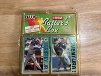 Front of sealed Fleer 1992 Batter's Box pack showing header card and visible Ken Griffey Jr. and Robin Ventura cards