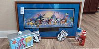 Entire lot showing framed print, cookie jar, oven mitts, water bottles