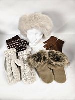 Full set laid out: hat, gloves, three mitten pairs