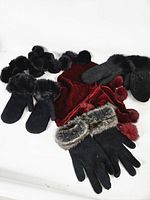 Group view of scarf, knit gloves and three pairs of mittens