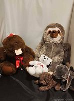 Group shot of all five plush toys on black surface