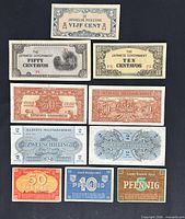 Fronts of all banknotes arranged: JIM 5 Cents, 50 Centavos, 10 Centavos; Austrian 50 Groschen, 2 Schilling; Baden 50,10,5 Pfennig