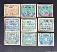 Fronts of nine Allied Military Currency notes from Italy, France, Japan, and Germany