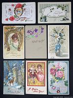 Fronts of all eight postcards arranged for design overview
