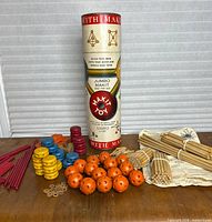 Overall lot with storage tube, construction pieces and dowels