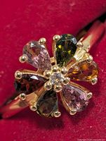Front view of the multicolour tourmaline cluster ring