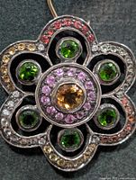 Front view of silver floral pendant showing multicolor gemstones