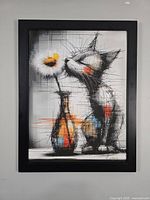 Frontal view of framed artwork showing full composition of cat and flower