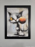 Frontal view of entire artwork showing cat and yarn composition within black display frame