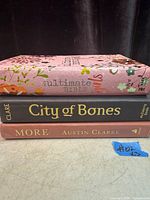 Spine view of three hardcover books: The Ultimate Bible for Girls, City of Bones, More