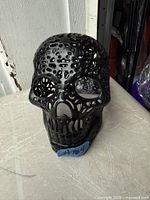 front view of black perforated plastic skull