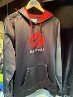 Front view of Toronto Raptors hoodie showing logo, pocket and overall design
