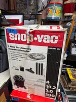 Front of Shop-Vac retail box showing model specifications and accessory images