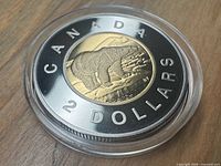 Reverse of 1996 proof $2 coin showing polar bear design in capsule
